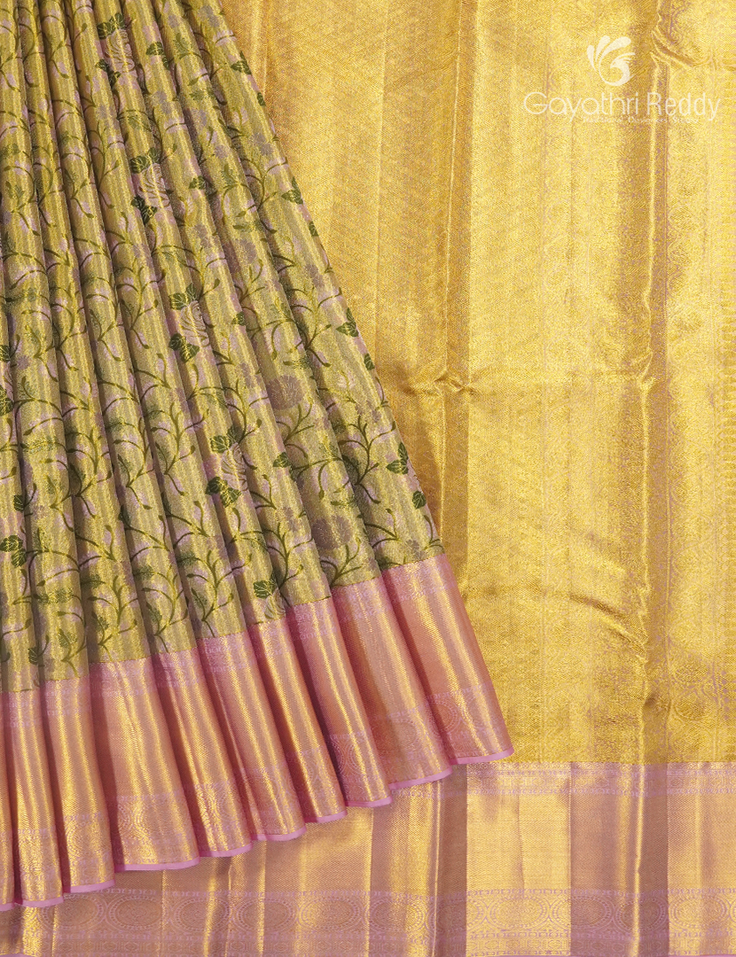 Pure Kanchipuram Silk Bridal Saree in Olive Green and Powder Pink