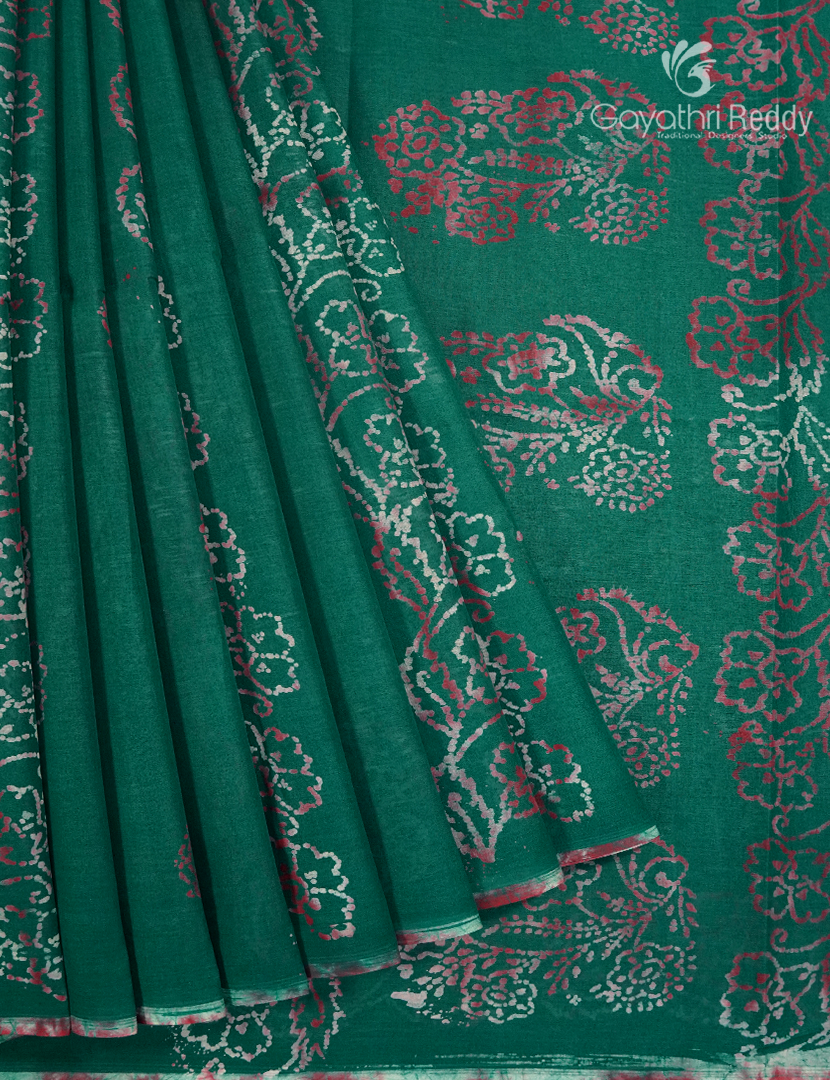 Cotton Batik Print Saree in Teal Green