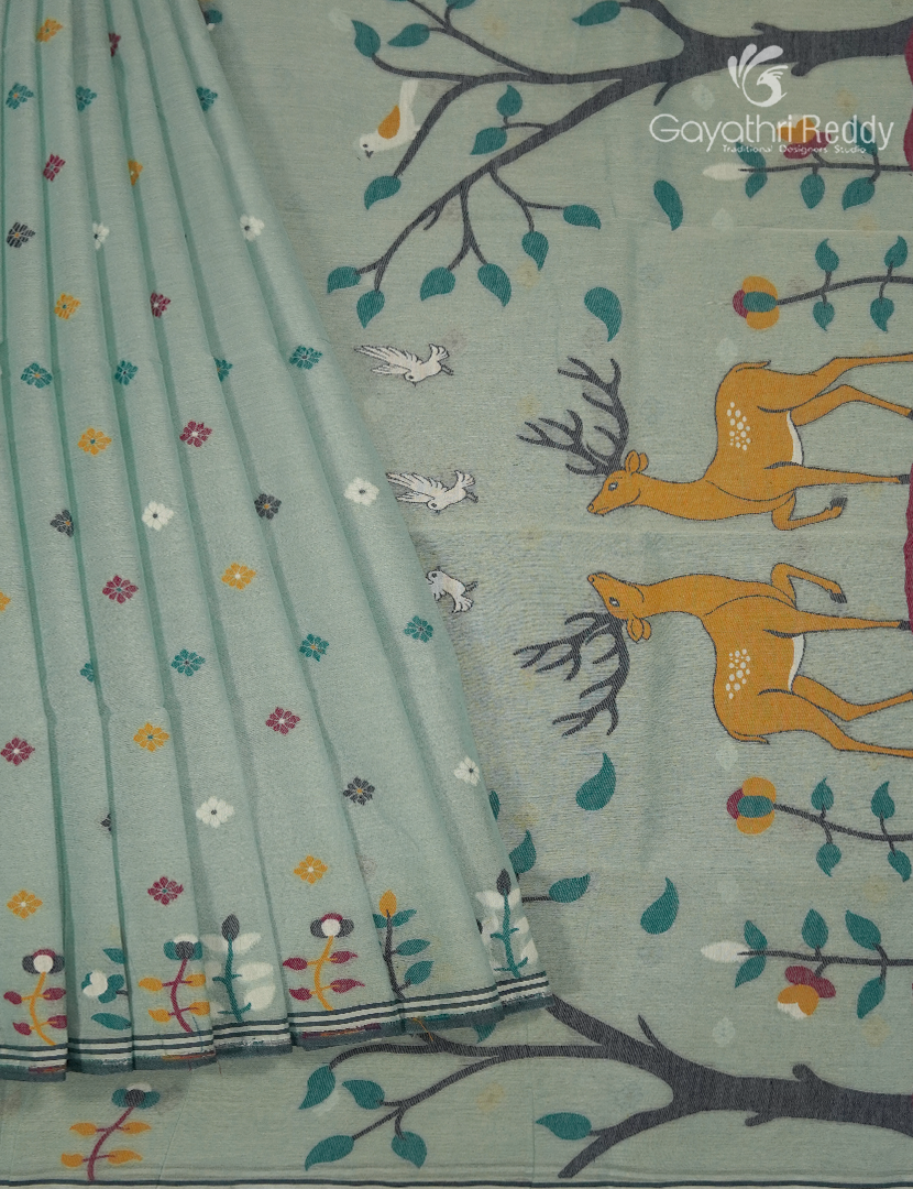 Jamdani Cotton Saree in Sage Green