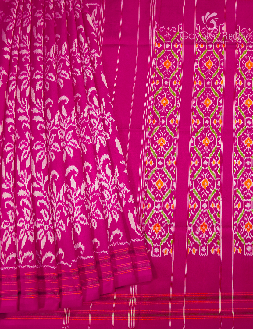 Pure Ikat Silk Saree in Fuchsia Pink