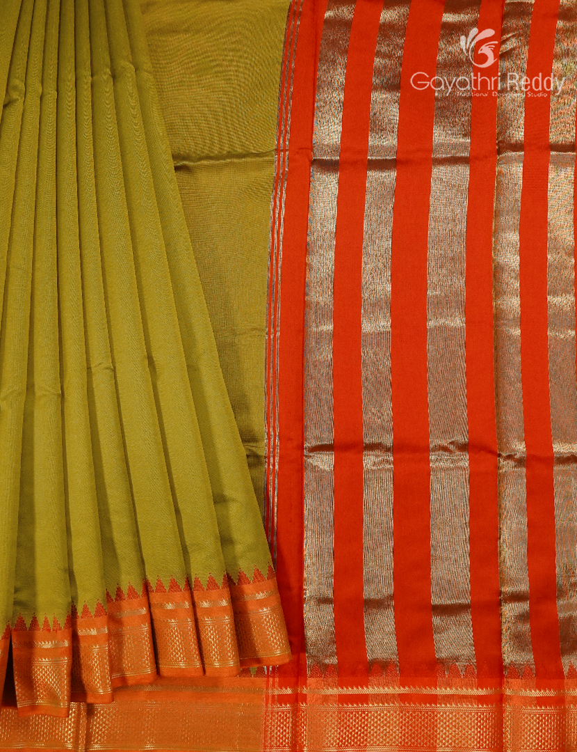 Semi Gadwal Saree in Mehendi Green and Orange