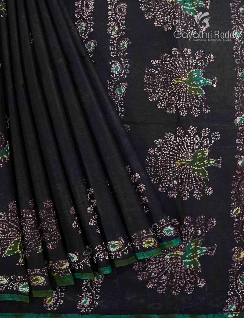 Cotton Batik Print Saree in Deep Black