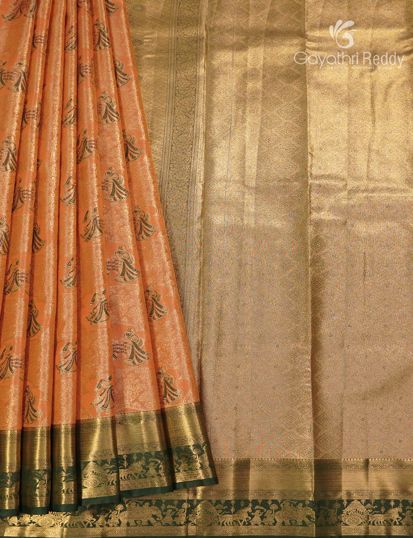 Semi Kanchipuram Silk Saree in Orange and Green
