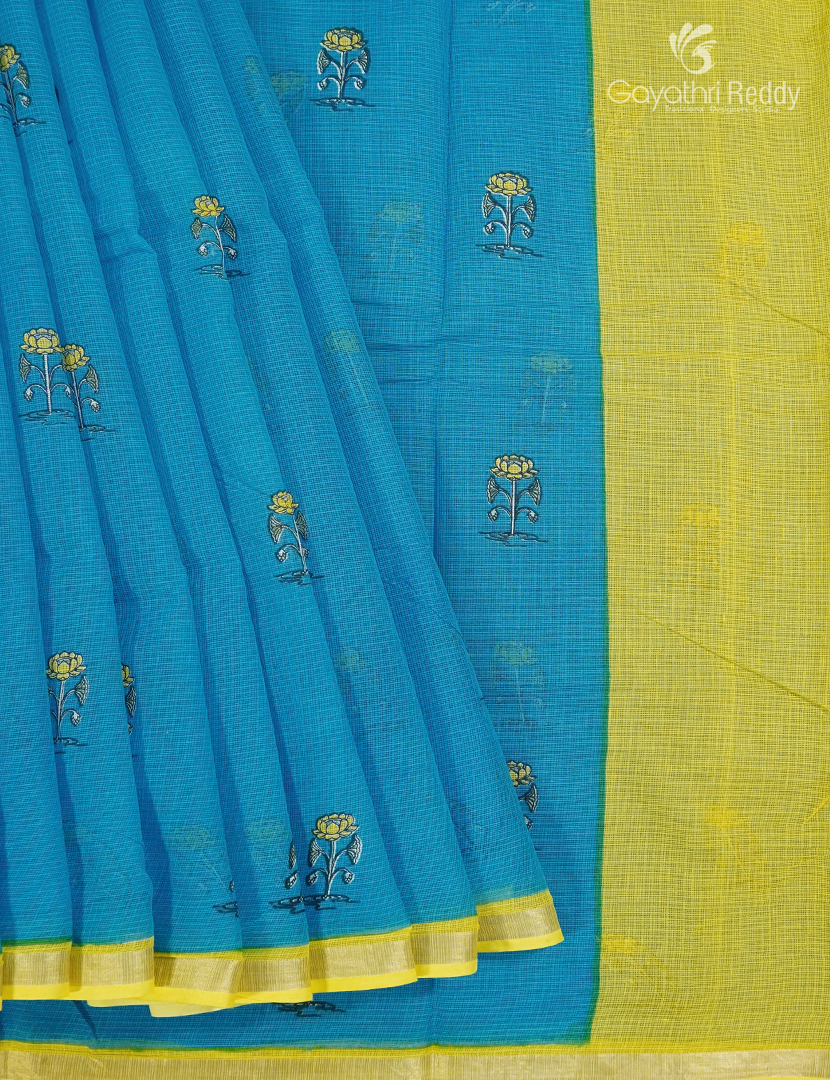 Premium Quality Cotton Kota Saree in Deep Cloud Blue and Lime Yellow