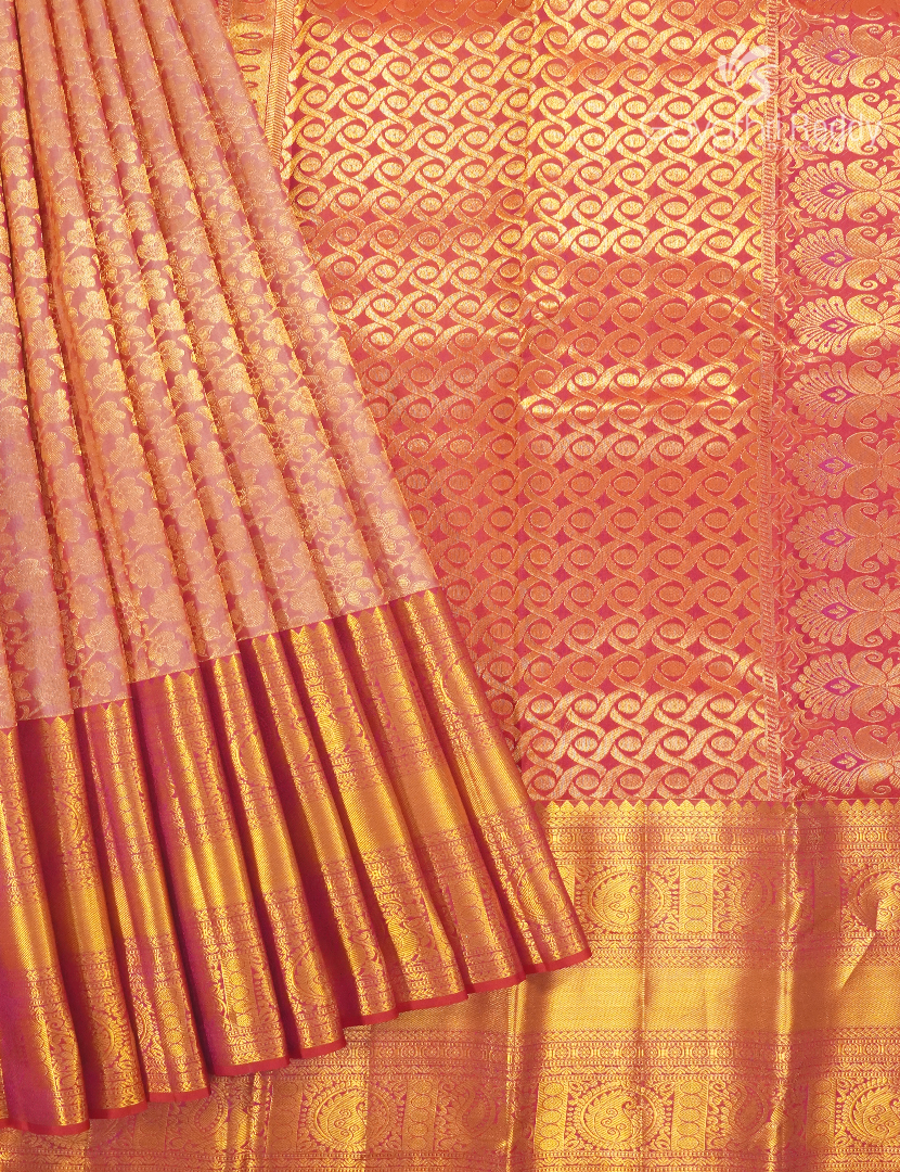 Pure Kanchipuram Silk Bridal Saree in Peach and Rani Pink