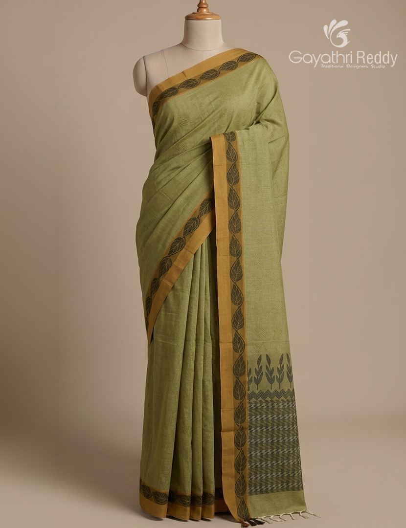 Pure Kanchi Cotton Saree in Olive Green