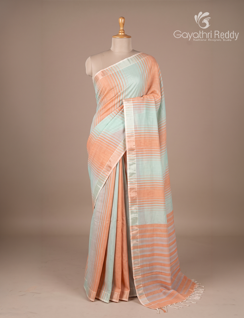 Pure Handloom Cotton Saree in Powder Blue and Peach