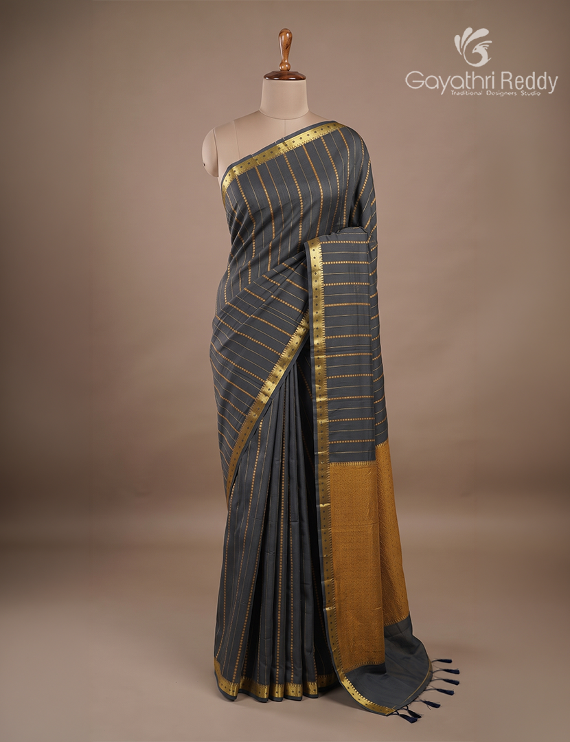 Pure Kanchi Cotton Saree in Slate Black