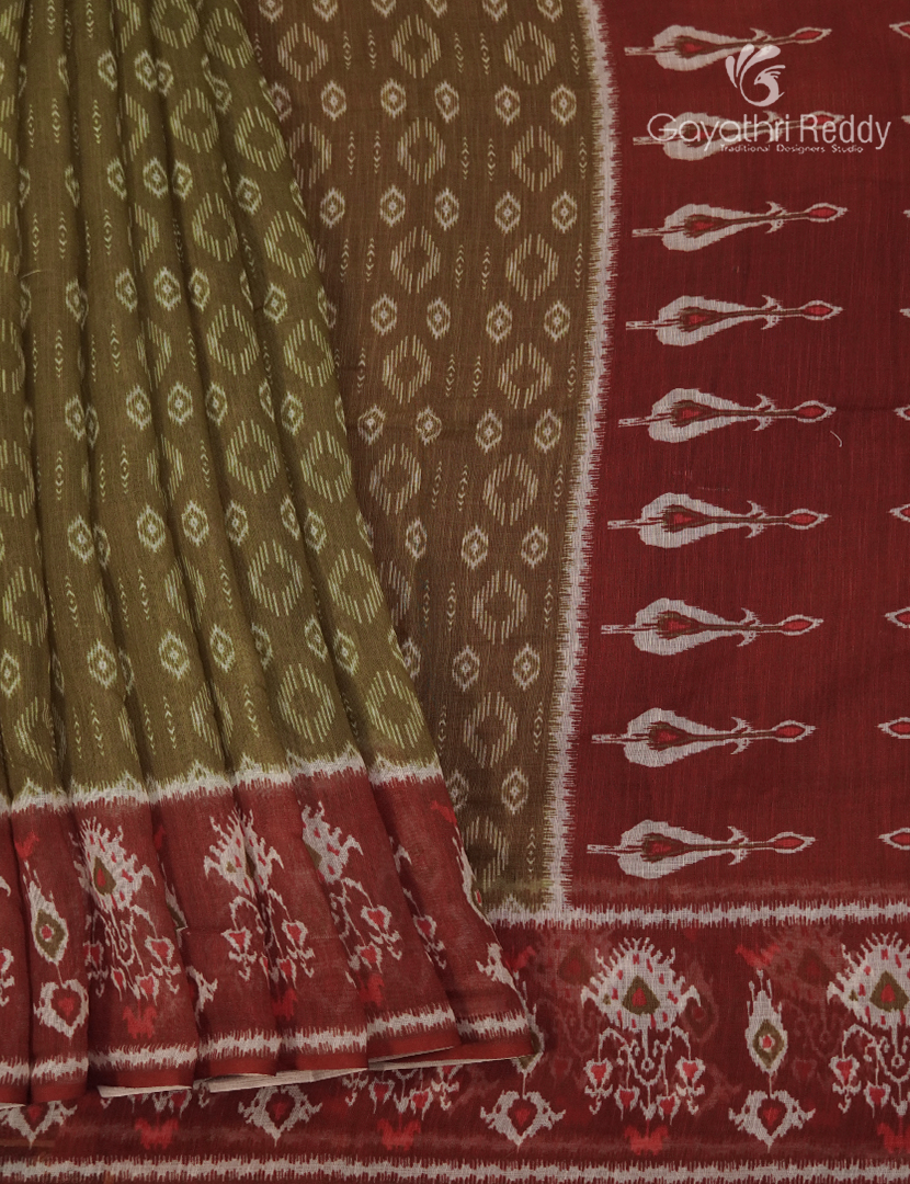 Linen Cotton Saree in Olive Green