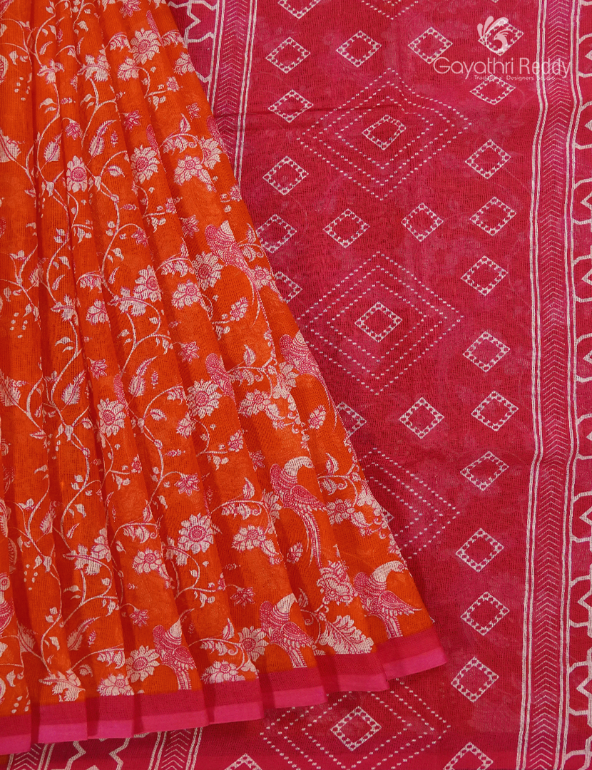 Munga Cotton Saree in Orange and Rani Pink