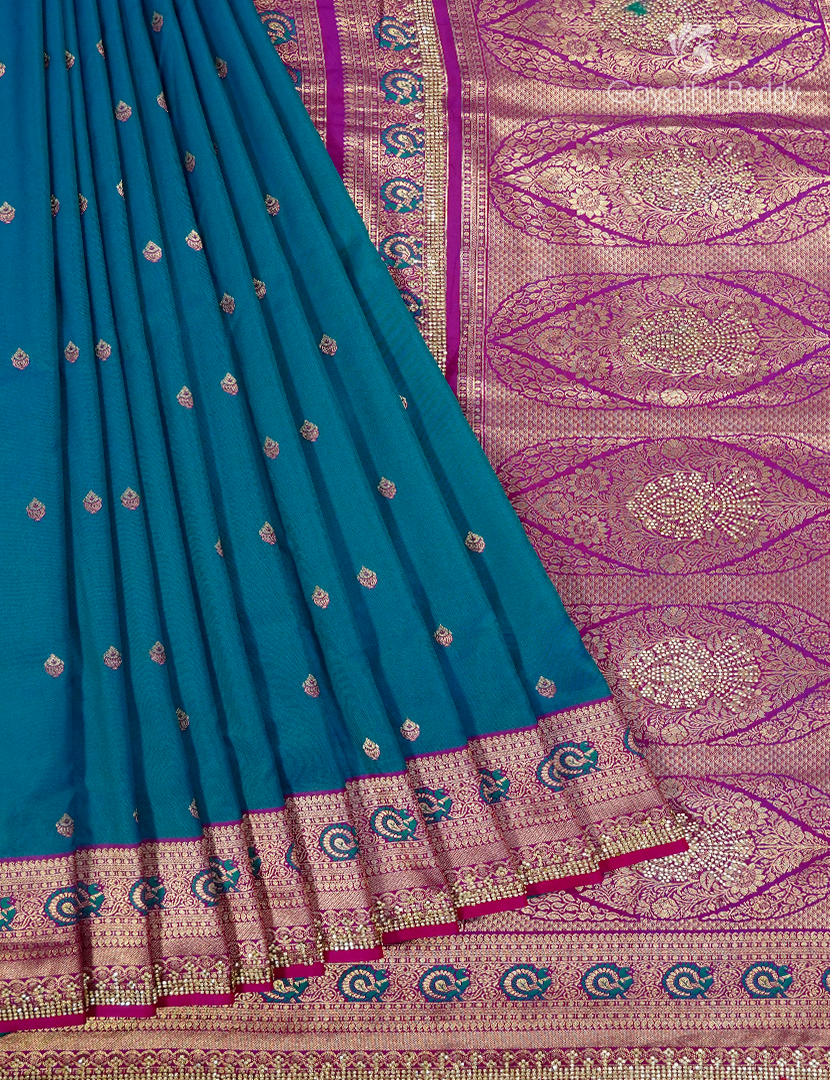 Semi Kanchipuram Silk Fancy Saree in Peacock Blue and Magenta