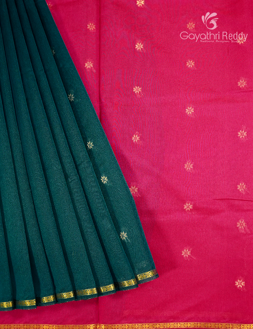 Silk Cotton Saree in Deep Mango Green and Rani Pink