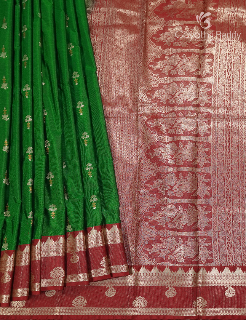 Semi Kanchipuram Art Silk Saree in Parrot Green and Rust Red