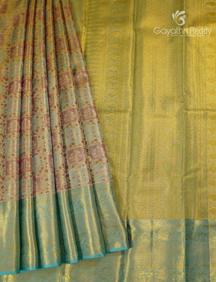 Pure Kanchipuram Silk Saree in Rose Gold and Mint Green ( Brocade Pattern )