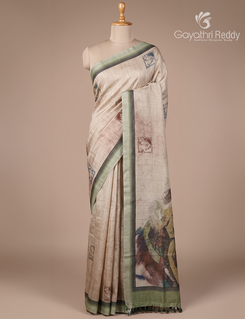 Linen Silk Saree in Tissue Cream