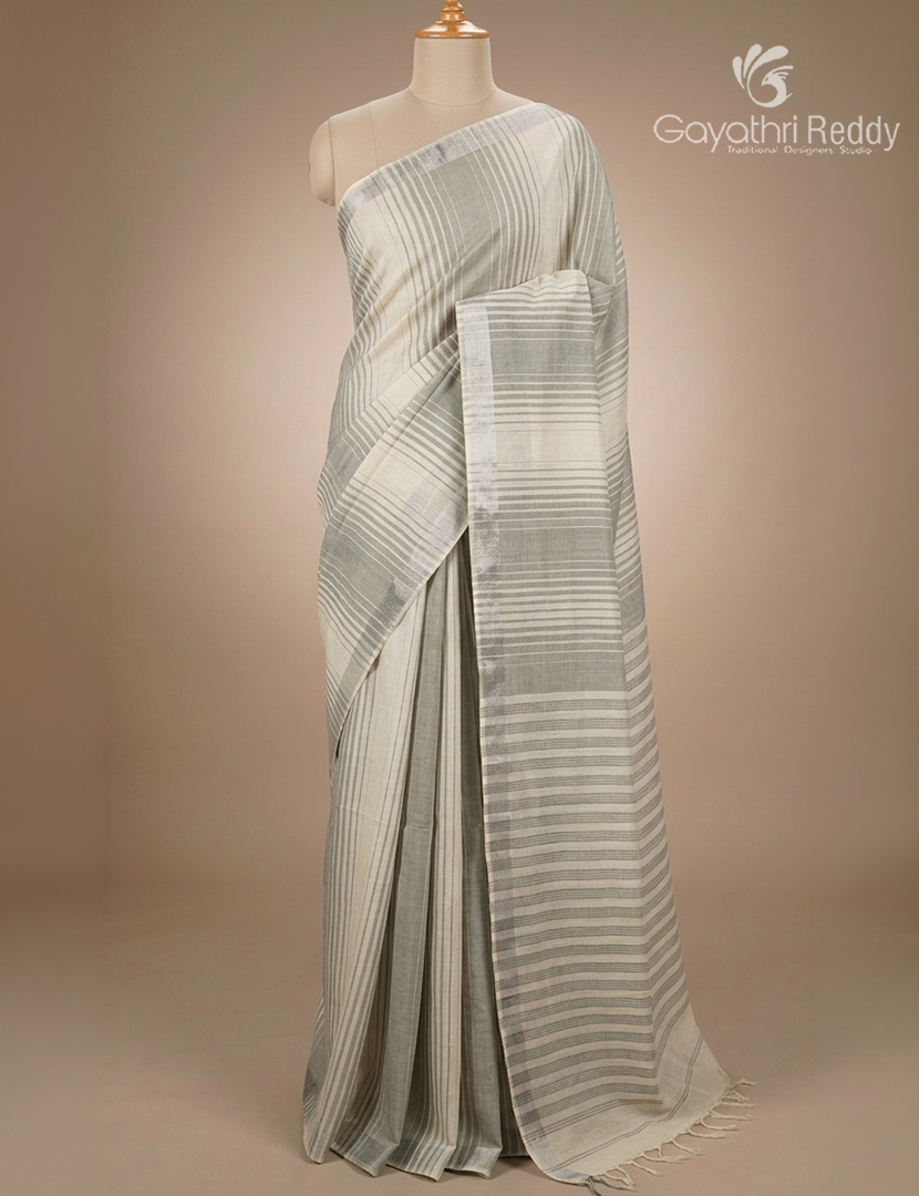 Pure Kanchi Cotton Saree in Cream and Grey