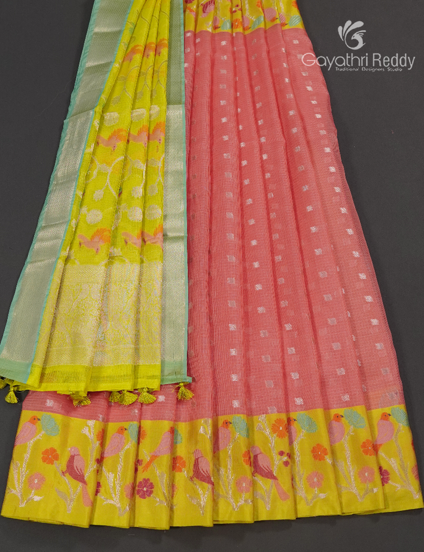 Banaras Kota Lehanga Set in Peach and Lime
