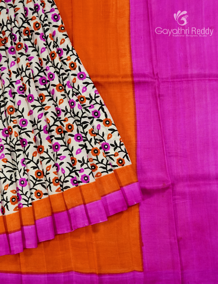 Pure Silk Saree in Cream and Rani Pink