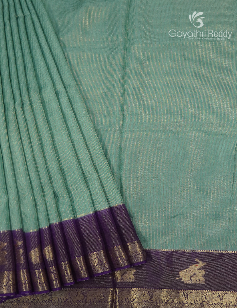 Semi Mysore Silk Saree in Sage Green and Navy Blue