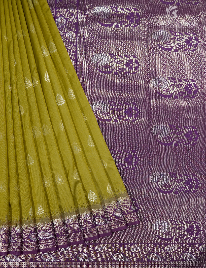 Semi Kanchipuran Silk Saree in Mehendi Green and Purple