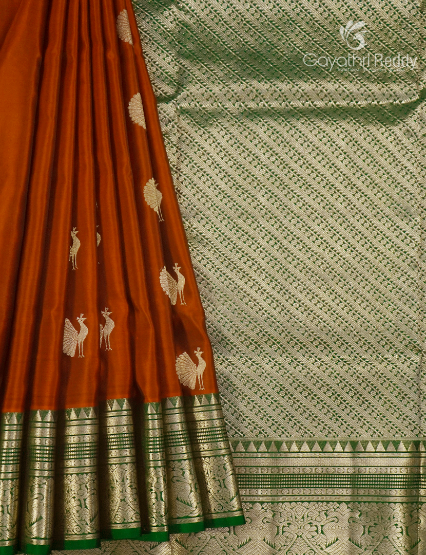 Pure Venkatagiri Silk Saree in Deep Rust and Mango Gree