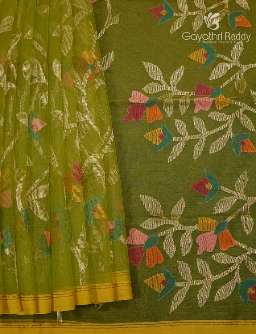 Pure Jamdani Kora Saree in Mehendi Green