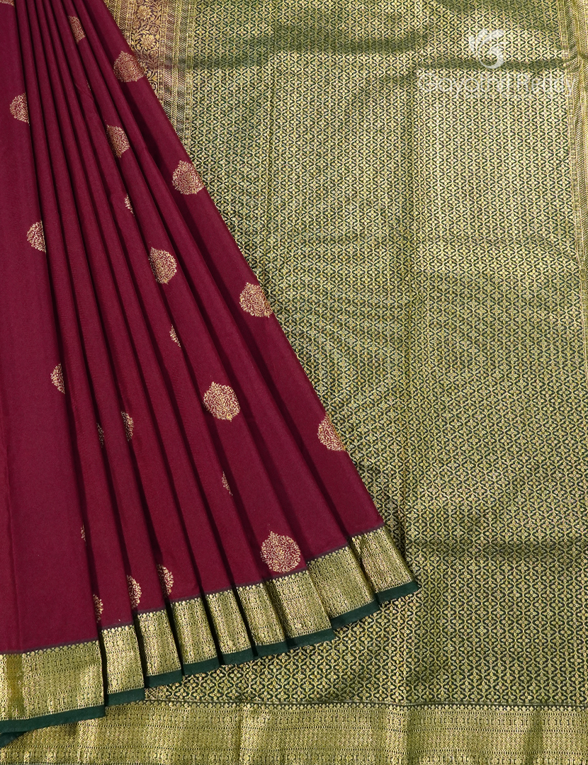 Semi Kanchipuram Silk Saree in Deep Maroon and Bottle Green