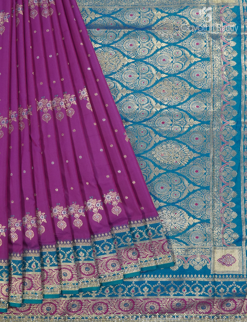 Semi Kanchipuram Silk Fancy Saree in Deep Magenta and Rama Blue