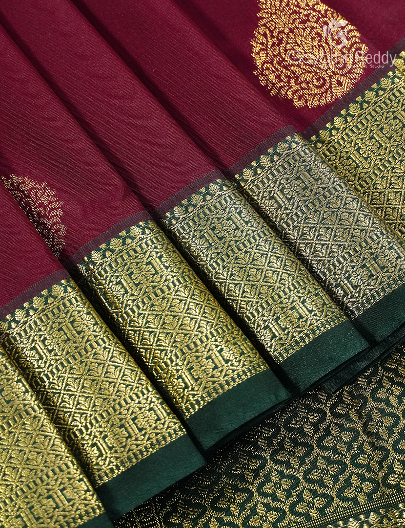 Semi Kanchipuram Silk Saree in Deep Maroon and Bottle Green