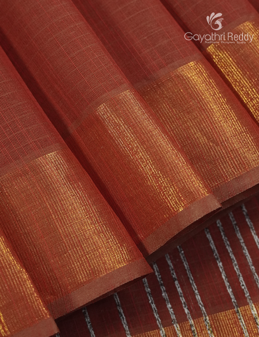 Pure Handloom Cotton Saree in Deep Rust