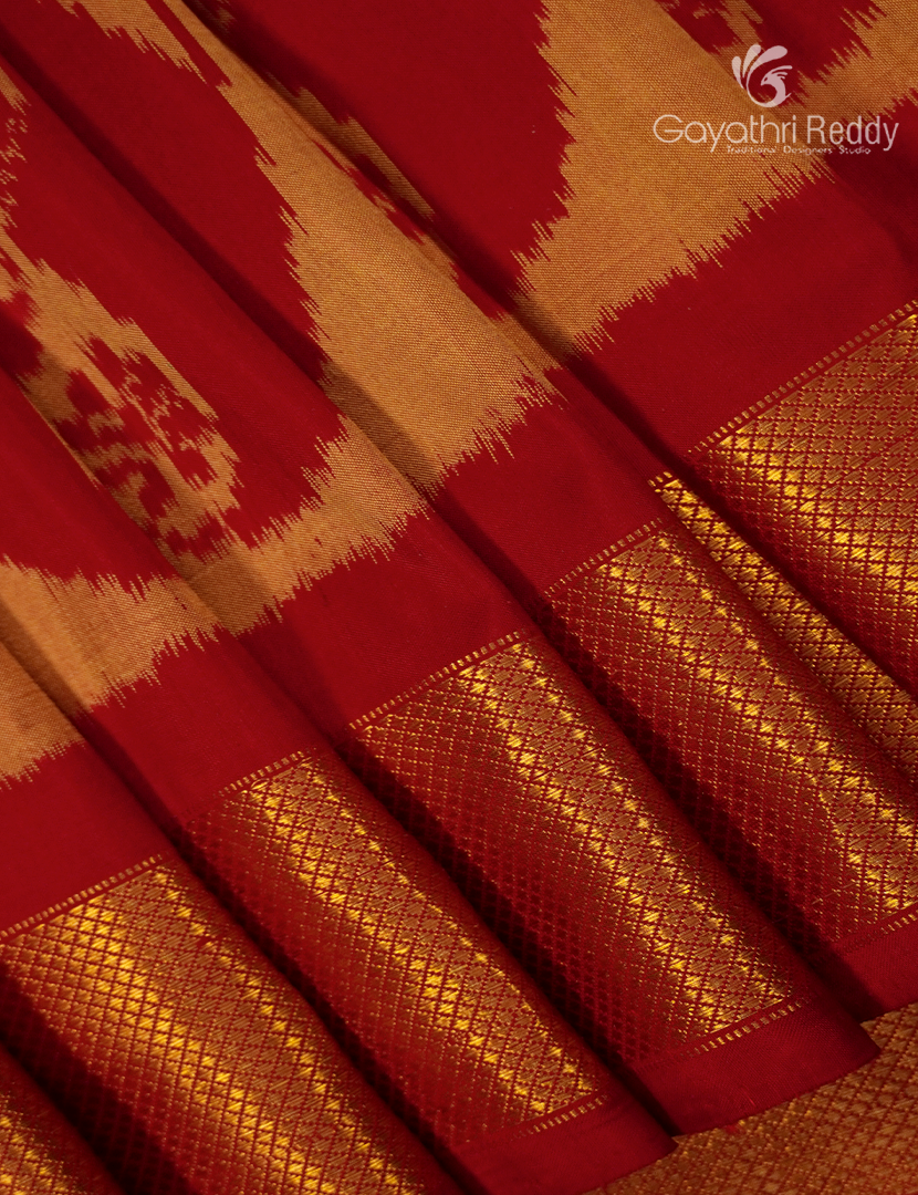 Pure Ikat Silk Saree in Golden Yellow and Red