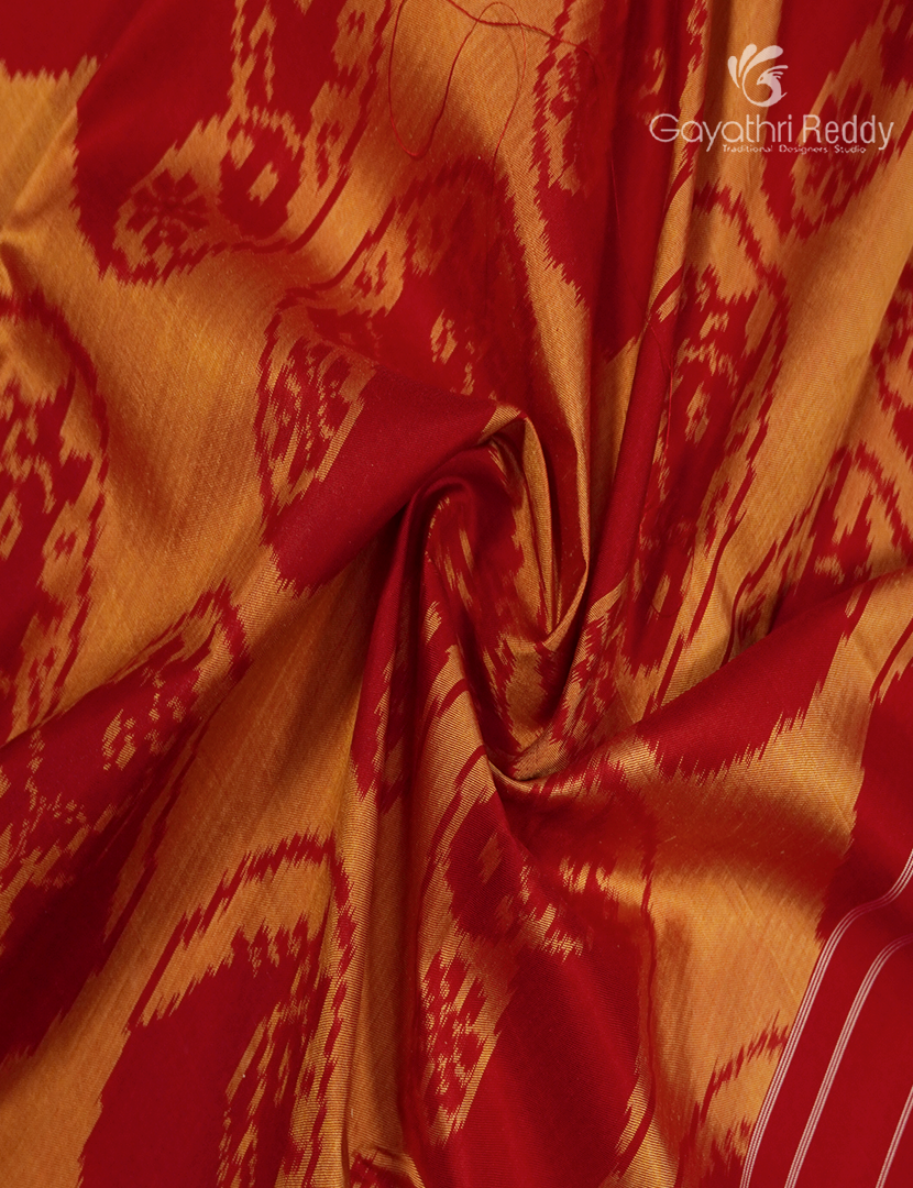 Pure Ikat Silk Saree in Golden Yellow and Red