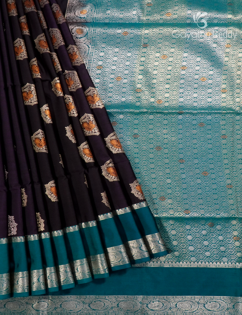 Soft Silk Saree in Deep Brown and Teal Blue