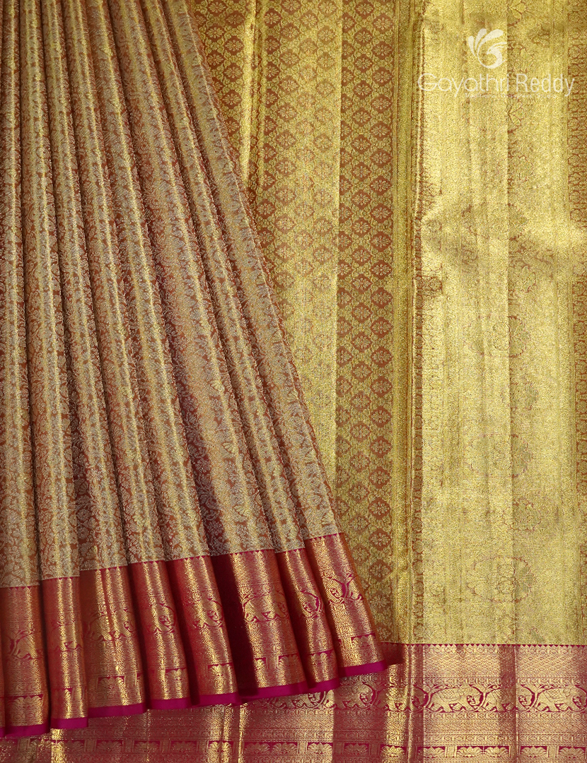Pure Kanchipuram Silk Bridal Saree in Rose Gold and Red