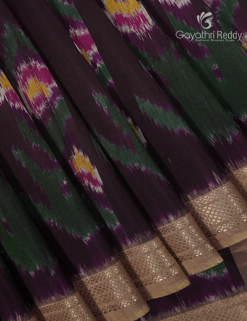 Pure Ikat Silk Saree in Chikoo and Wine