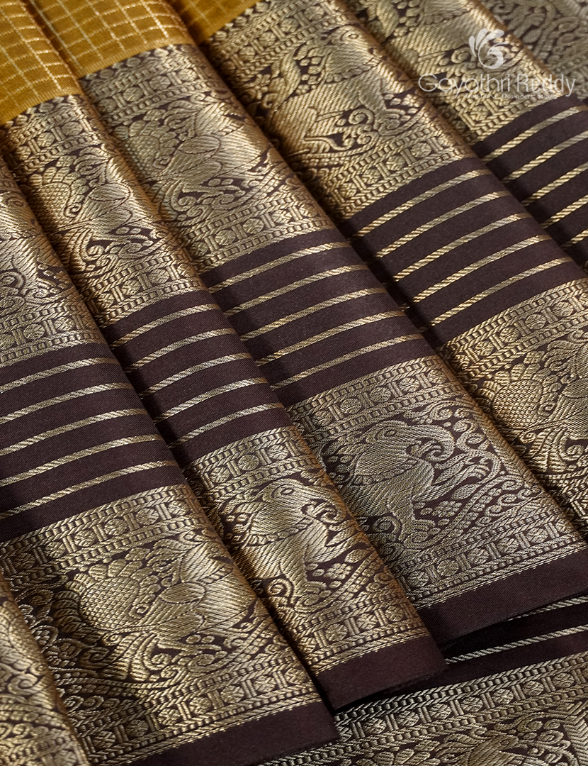 Semi Kanchipuram Silk Saree in Mustard and Deep Brown