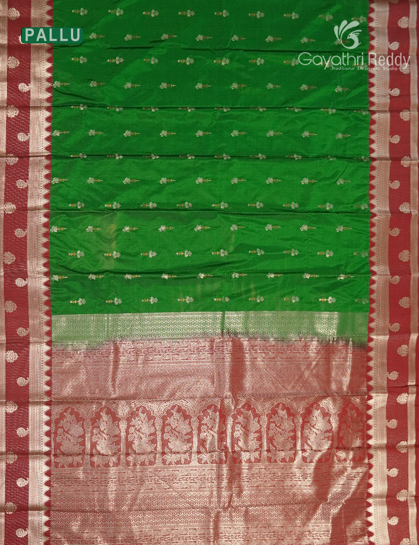 Semi Kanchipuram Art Silk Saree in Parrot Green and Rust Red