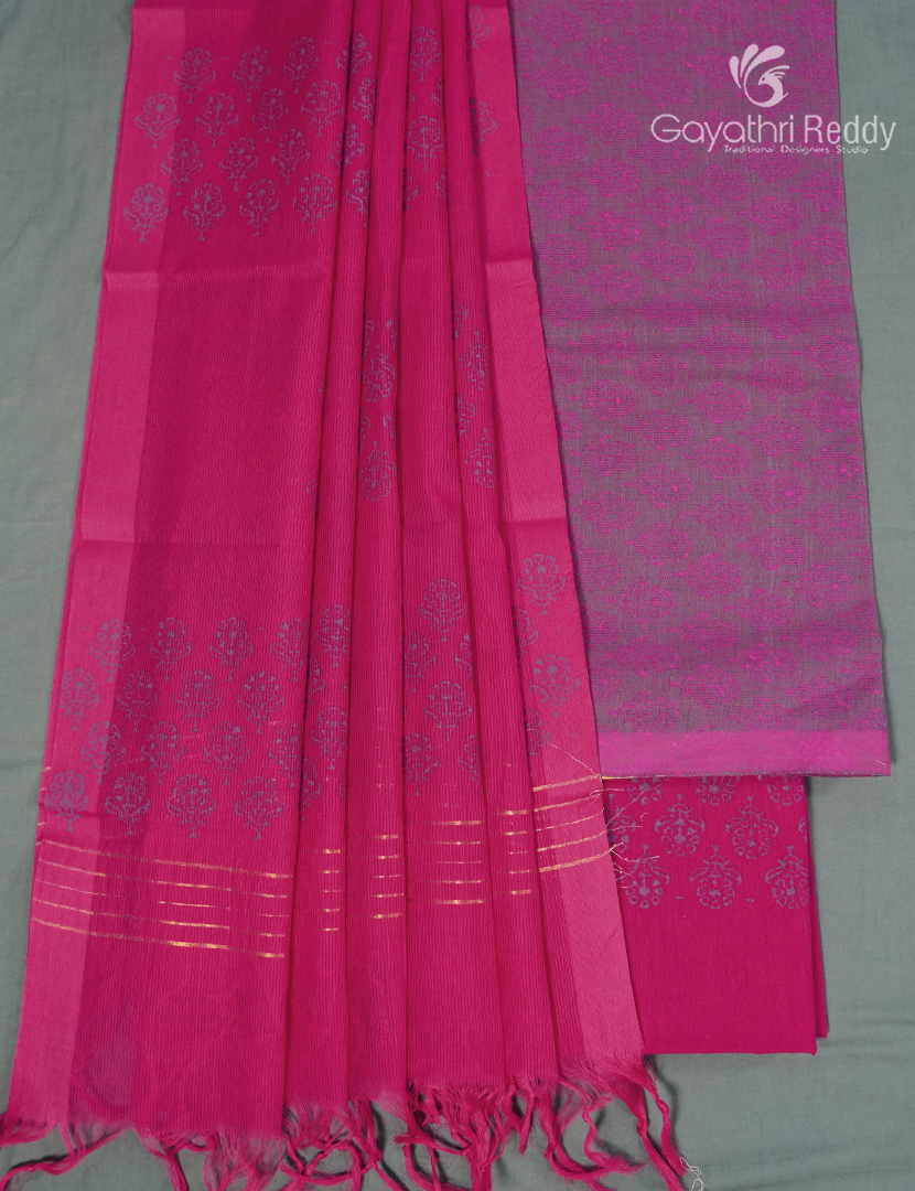 Cotton Dress Material in Purple and Rani Pink