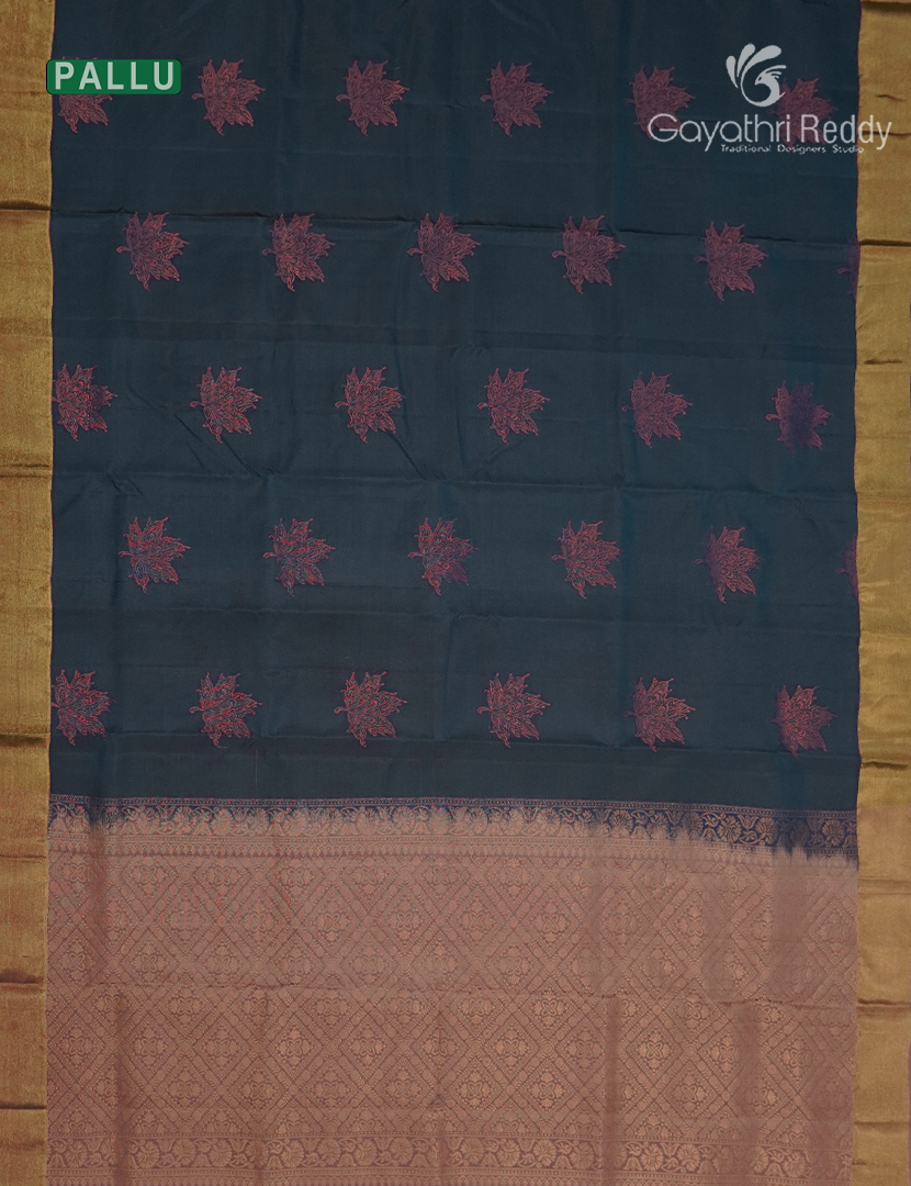 Pure Kanchipuram Silk Saree in Deep Peacock Blue and Golden Beige ( Small Borders )