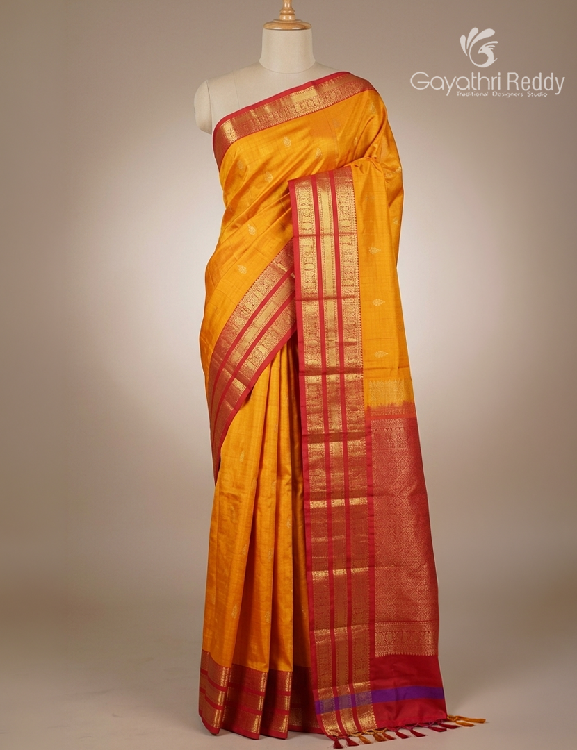 Pure Kanchipuram Silk Saree in Yellow and Red