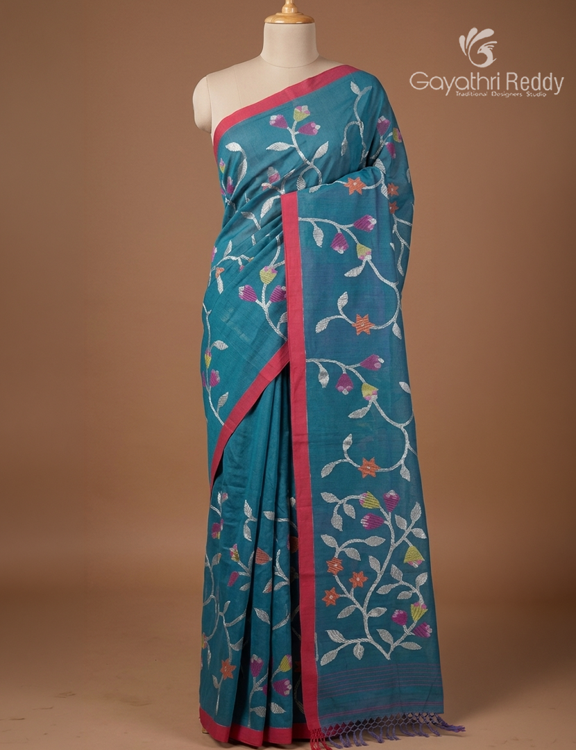 Pure Jamdani Kora Saree in Indigo Grey
