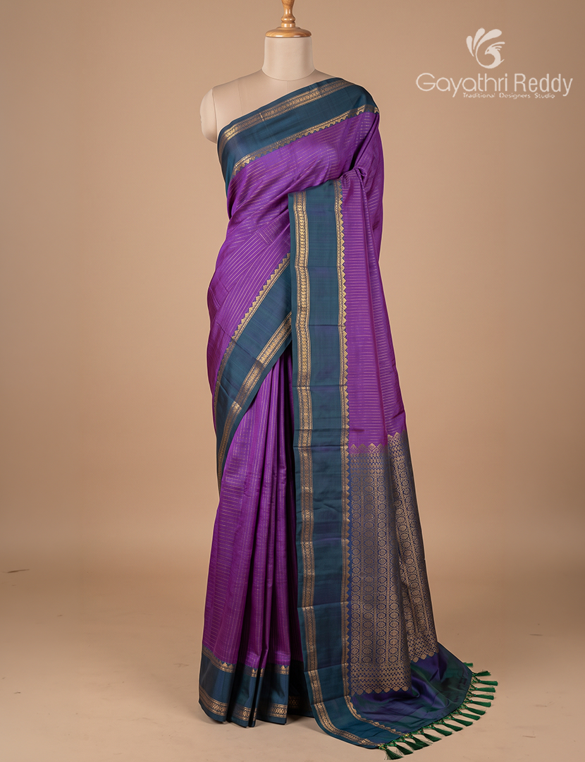 Pure Kanchipuram Light Weight Silk Saree in Purple and Deep Peacock Blue