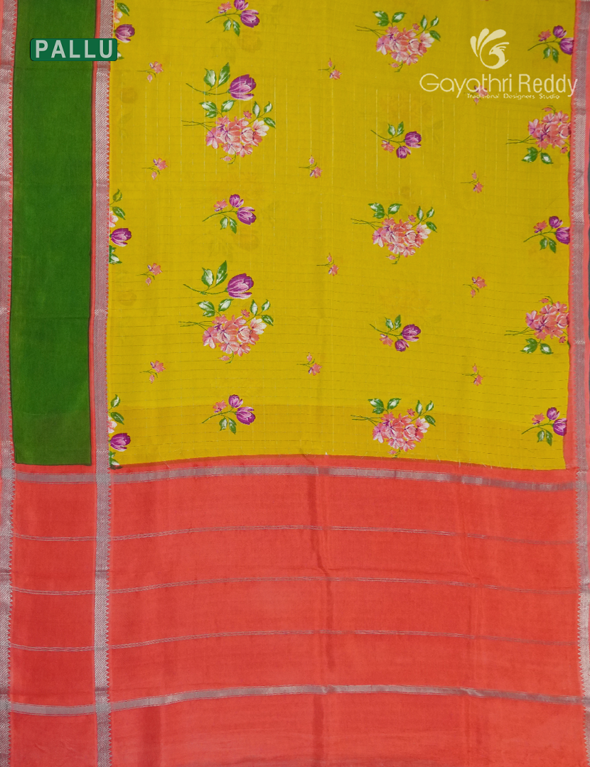 Mangalgiri Printed Saree in Yellow , Peach Pink and Mango Green