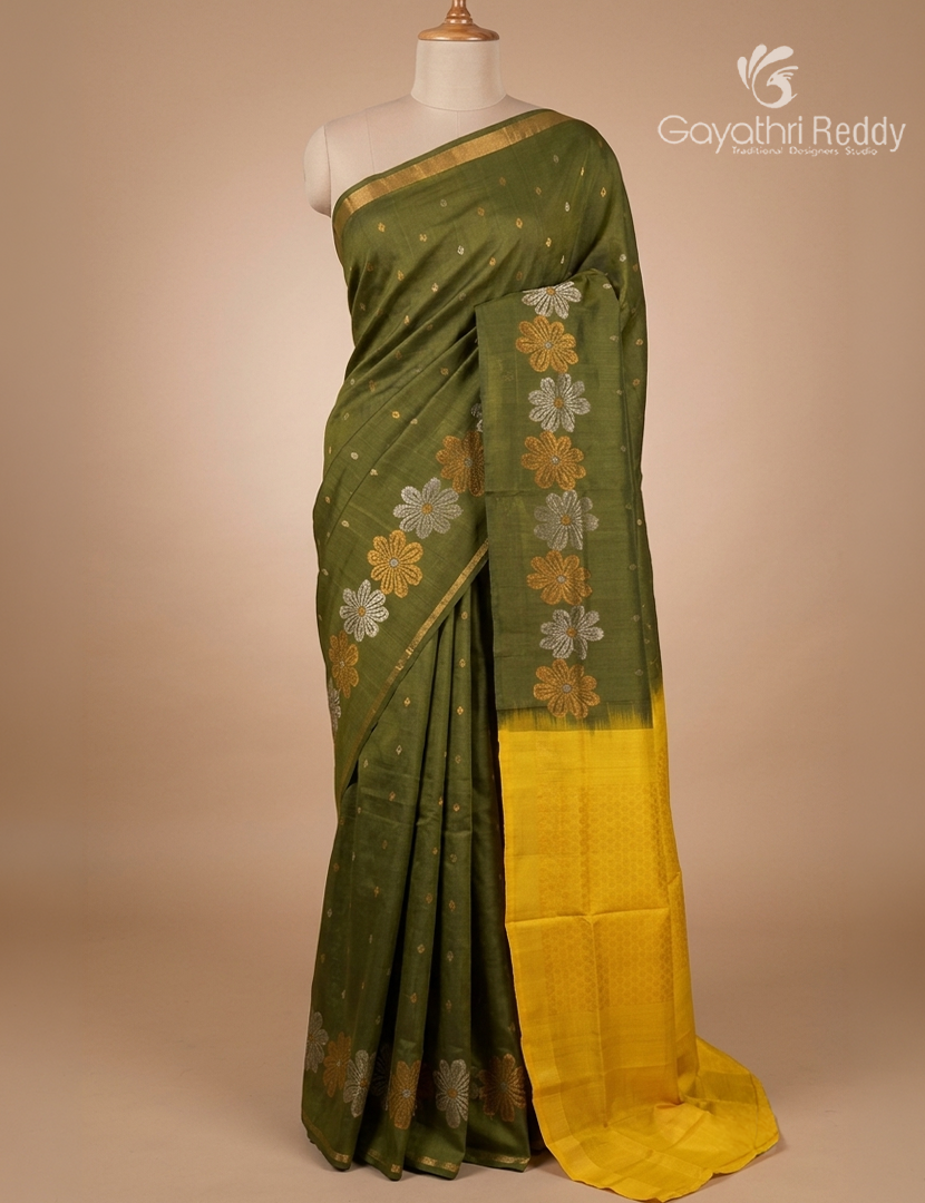 Pure Uppada Silk Saree in Olive Green and Yellow