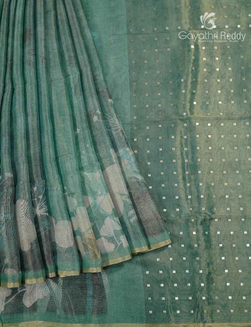 Linen Silk Saree in Sea foam Green