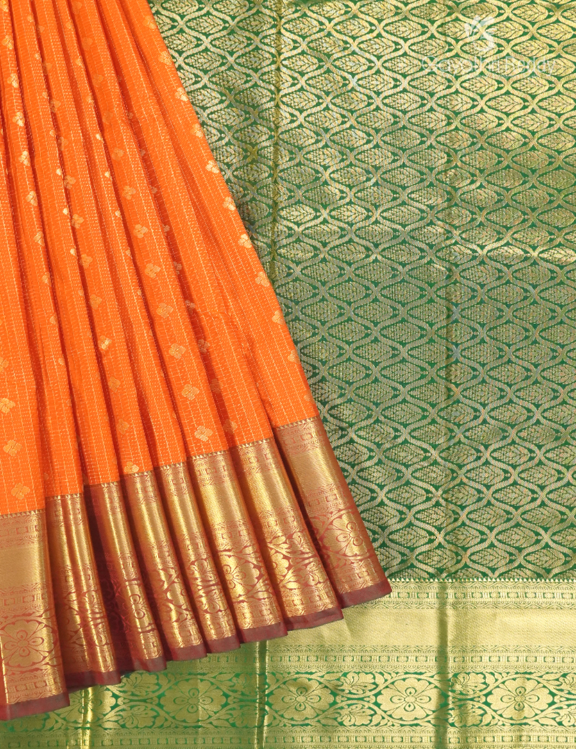 Semi Kanchipuram Silk Saree in Orange and Parrot Green