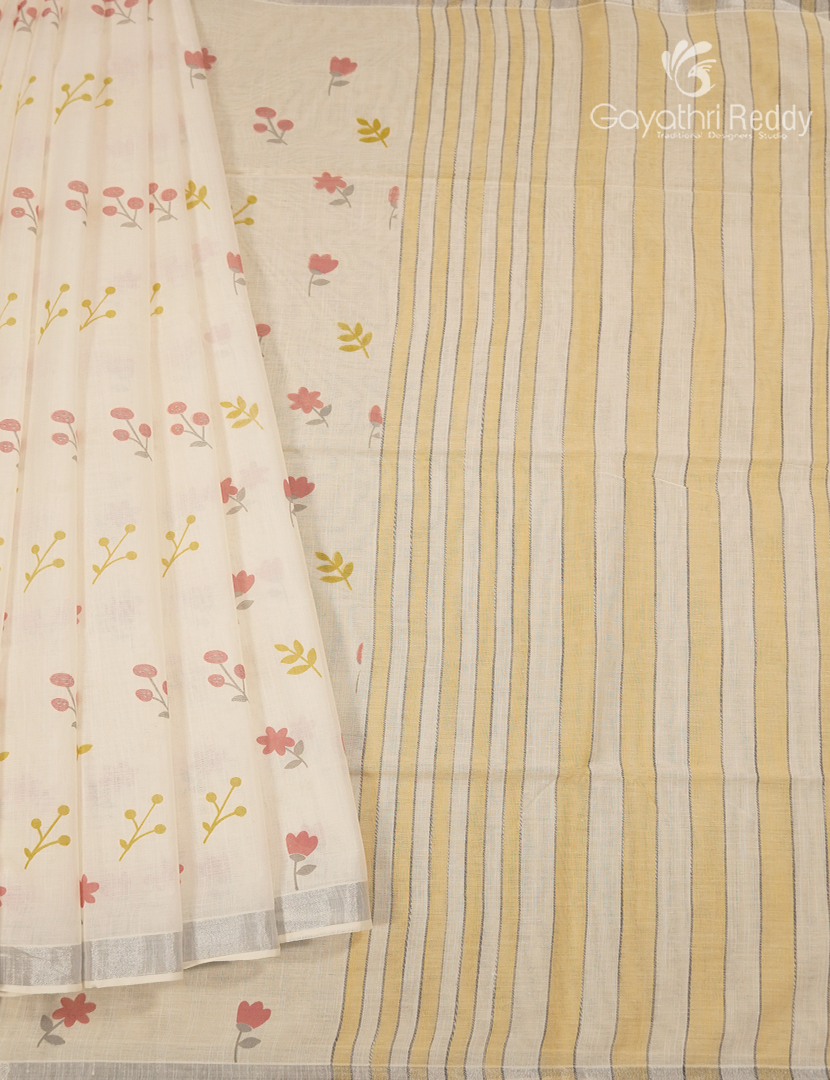 Pure Kanchi Cotton Printed Saree in Ivory