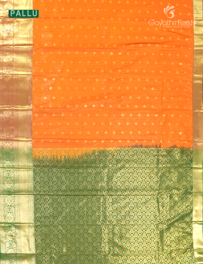 Semi Kanchipuram Silk Saree in Orange and Parrot Green