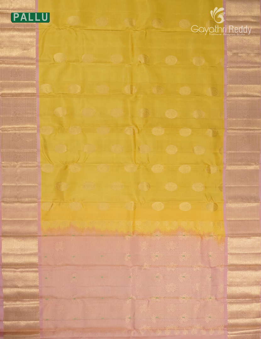 Pure Kanchipuram Vintage Saree ( Medium Border ) in Yellow and Pastel Peach