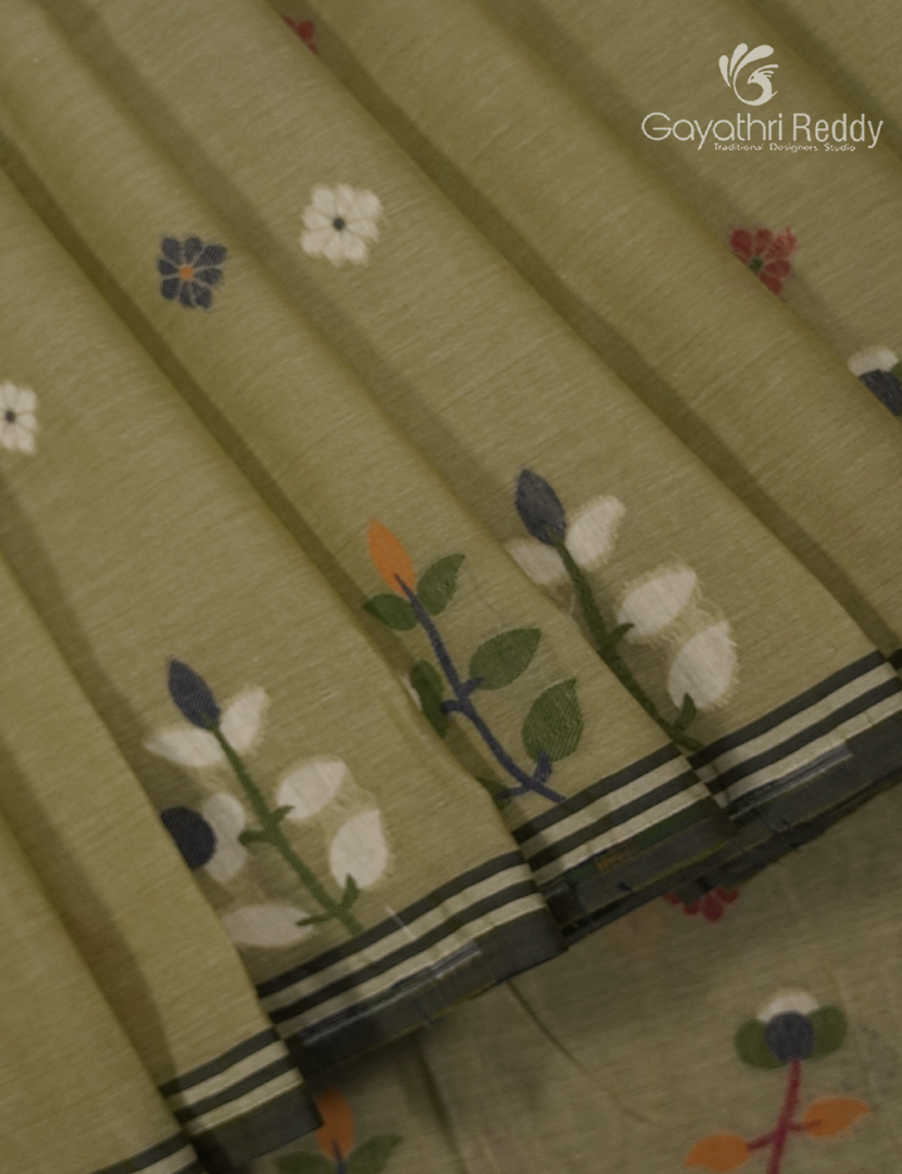 Jamdani Cotton Saree in Mehendi Green